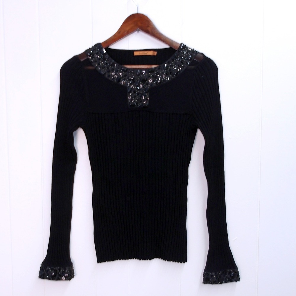 Belladini Embellished Top Black Jewel Neck Sweater Size M / #8064 - Picture 2 of 7